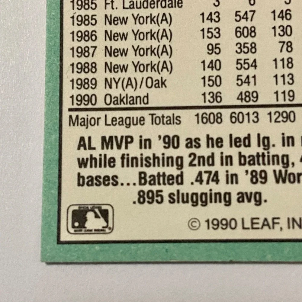 Vintage Donruss Leaf MVP 1990 Rickey Henderson Error ( INC no . ) MLB Card #387